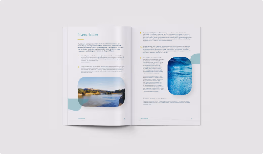 Open book showing a double-page spread titled 'Rivers themes' with two embedded images: a calm river landscape and underwater view of water bubbles.