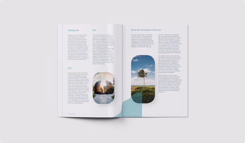 Open magazine spread featuring text blocks about Hawaiian places with two inset photos: a wooden circular sculpture and a palm tree against a blue sky.